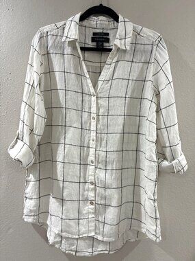 Tahari blouse Womens100% linen button-down shirt classic black & White size M